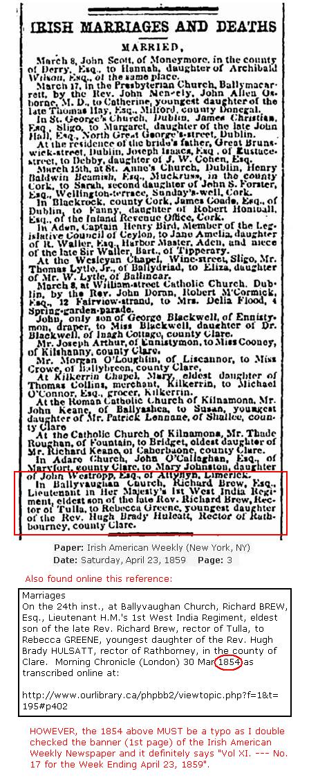 Marriage notice of Lt. Richard Brew (son of Rev. Richard Brew, Rector of Tulla) and Rebecca Greene (daughter of Hugh Brady Hulcatt).