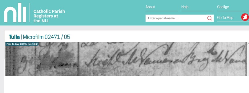 30 October 1832 Baptism Register Tulla Parish (NLI).jpg