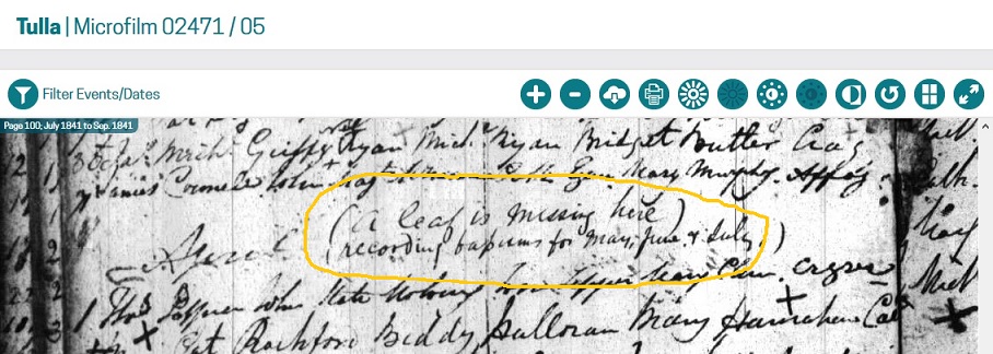 Tulla Baptism Register is Missing Page for May June July 1841.jpg