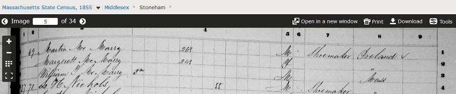 Martin McNamara, Shoemaker, 1855 Census Stoneham Massachusetts.jpg