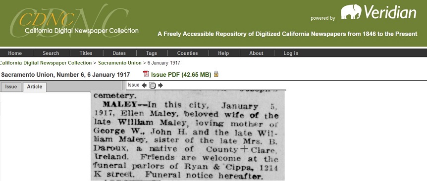 Ellen Perrill Maley of County Clare obituary Sacramento Union 6 January 1917.jpg