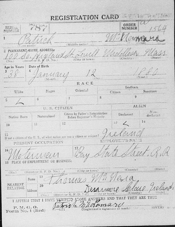 Patrick McNamara of Highland St Lowell MA WWI Rego.jpg
