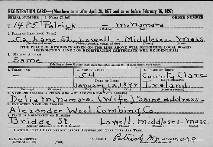 Patrick McNamara of 52 Lane St Lowell MA WW2 Rego.jpg