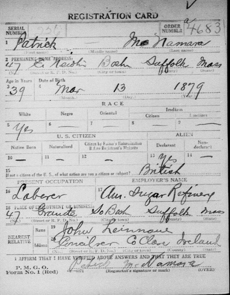 Patrick McNamara of 47 Newton Boston WWI Rego.jpg