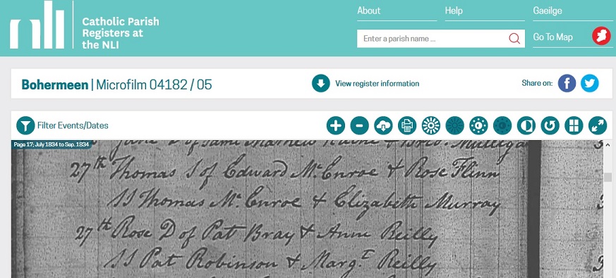 NLI Bohermeen Parish of County Meath baptism of Thomas McEnroe 27 July 1834.jpg