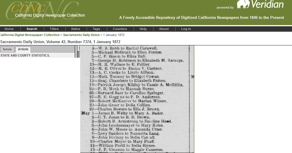 Sacramento Daily Union 1 Jan 1872 record of marriages births deaths in 1871.jpg