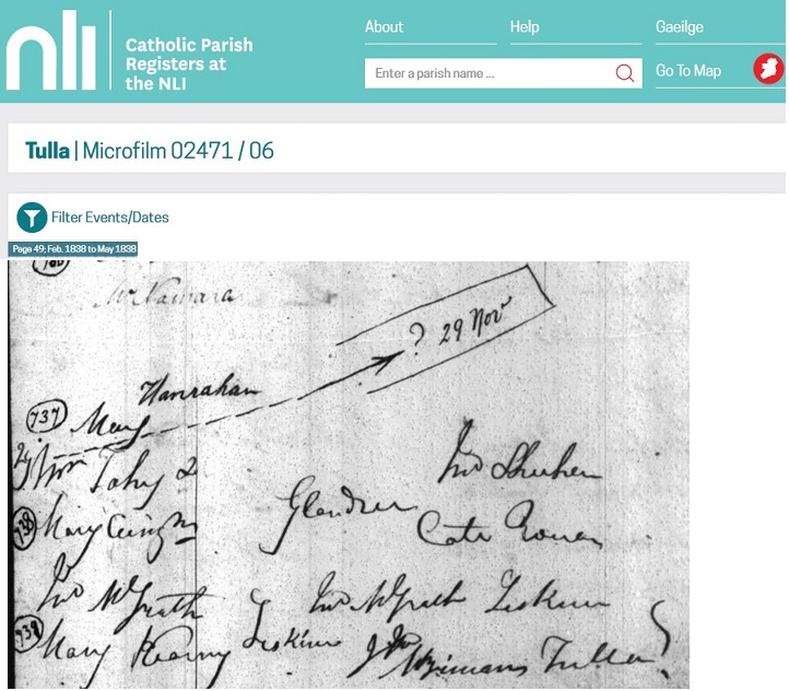 1838 Marriage of Mary Cunningham to Thomas Fahy (NLI, Tulla Parish).jpg