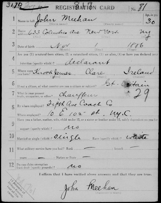 John Meehan of Knock James County Clare & 633 Columbus Avenue WWI Rego.jpg
