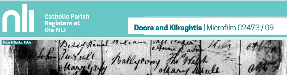 NLI Doora and Kilraghtis 1856 baptism for Bridget Purcell.jpg