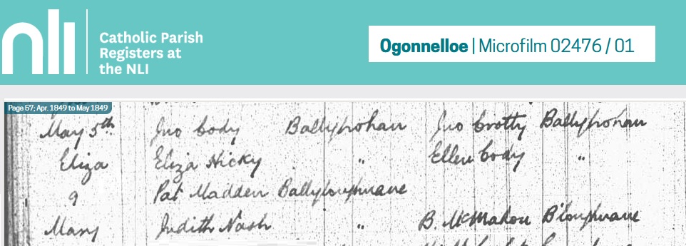 9 May 1849 baptism of Mary Madden, Ogonnelloe Catholic Parish records.jpg
