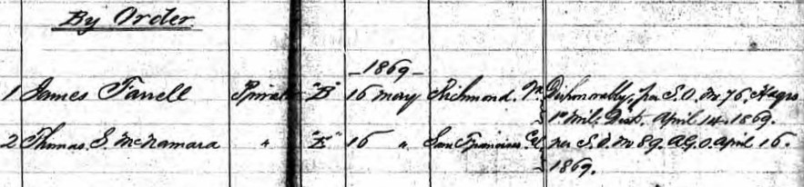 21st Infantry Return for May 1869; Comp E at Presidio, San Francisco; Losses By Order (pg 140 of 277).jpg