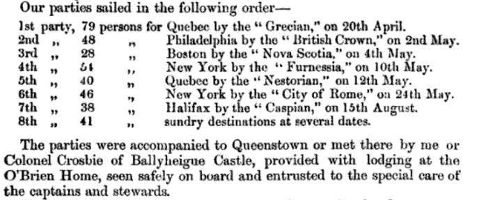 Voyages to North America, taking assisted Irish emigrants pursuant to the Arrears Act of 1882