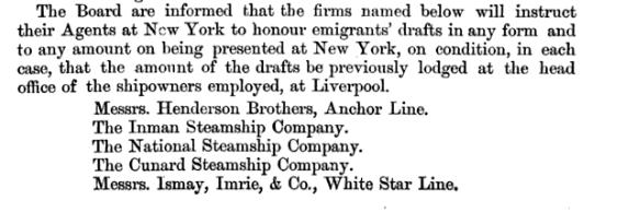 Steamship lines used by assisted Irish emigrants 1883