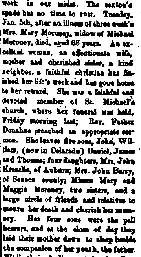 Mary Morony<br />published 12 Jan 1892,  The Cayuga Republican
