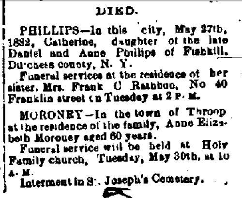 Death notice for Anne Coughlin Moroney, May 29, 1882