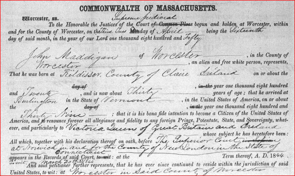 Madigan, John, Worcester Naturalization 1850, snippet.JPG