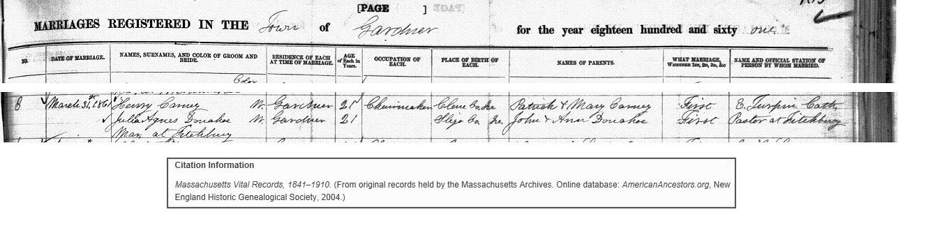 Carney, Henry & Donohoe, Julia Agnes, marriage, Gardner 1861, v. 146, p. 163. item 3.jpg