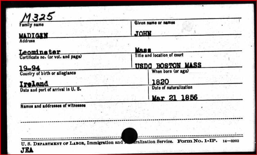Madigan, John, Leominster, index card.JPG