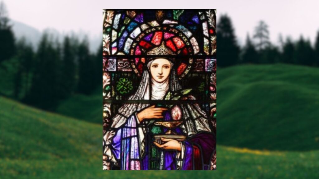 A stain glass window featuring an image of St Brigid is set upon a backdrop of rolling green fields.